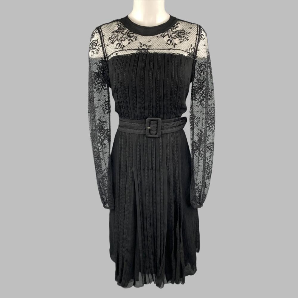 PRADA Size 10 Black Pleated Silk Lace Top Long Sleeve Cocktail Dress